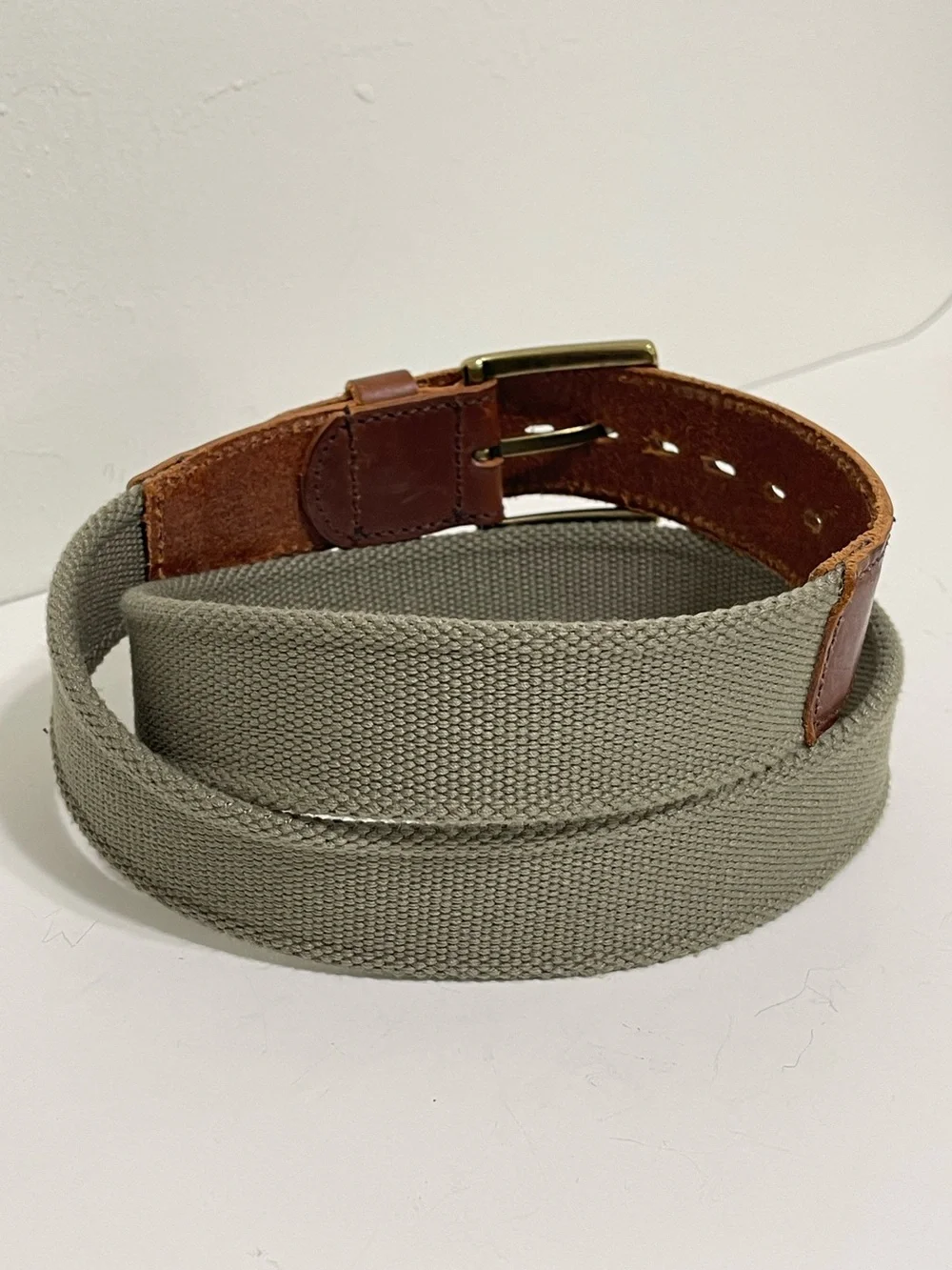 Vintage Eddie Bauer Khaki Canvas Belt Brown Leather Trim Preppy Neutral Men 40